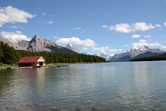 04 Maligne Lake and Boathouse, Leah Peak, Samson Peak, Mount Paul, Monkhead Mountain, Mount Warren, Valad Peak, Mount Henry MacLeod, Mount Charlton and Mount Unwin Near Jasper